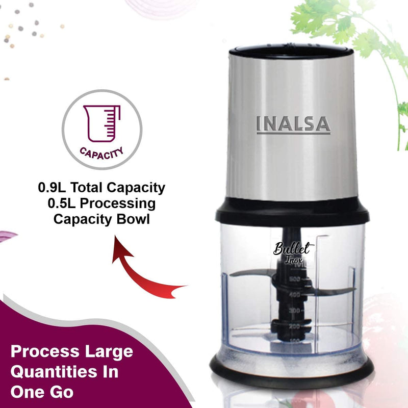 INALSA Chopper Bullet Inox-450W with Variable Speed &100% Pure Copper Motor|Dual Layered Blade & 500ml Capacity, (Black/Silver)