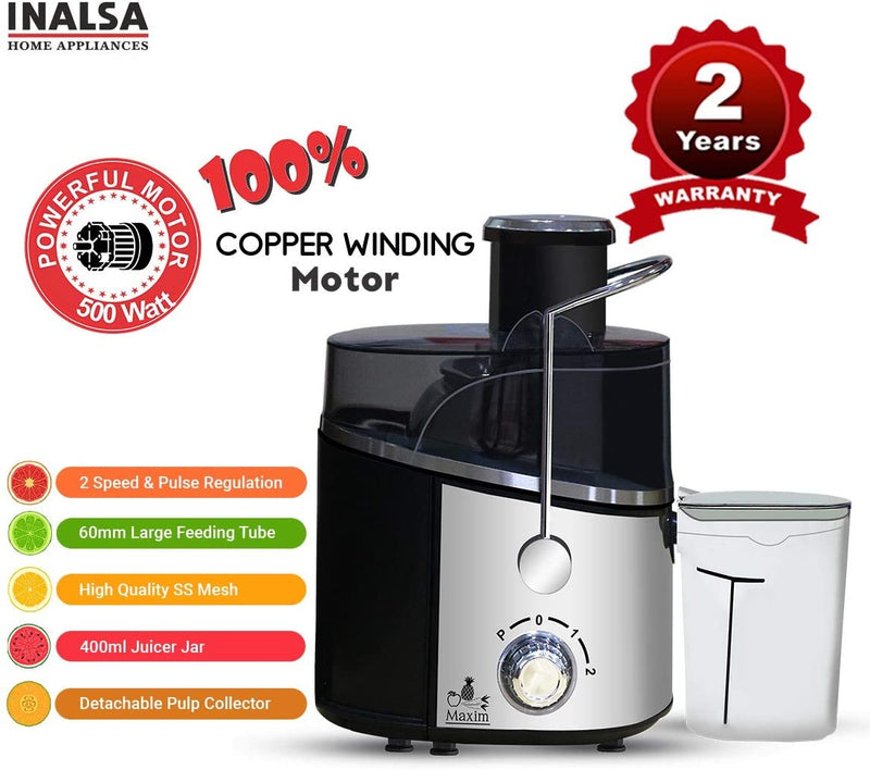 Inalsa Maxim Centrifugal Juicer-500 Watt with 60mm Wide Mouth & 2 Speed & Pulse Fuction |High Quality Stainless Steel Mesh |Includes Juicer Jar (400ml) and Detachable Pulp Collector, (Silver/Black)