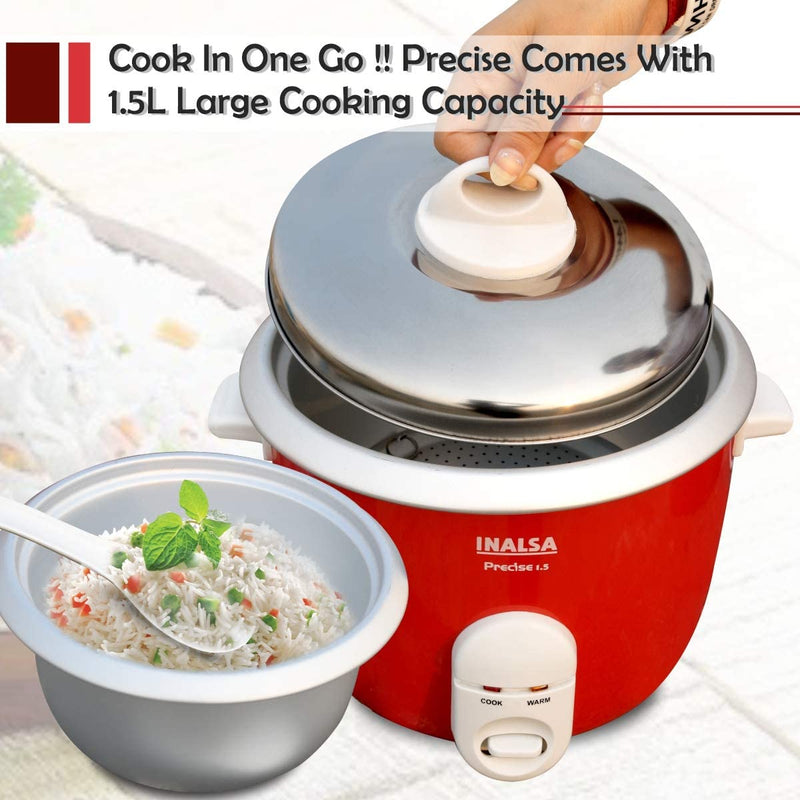 INALSA Electric Rice Cooker Precise 1.5-600W with Cook & Keep Warm Function|Steam Vent & Starch Separator Plate|1.5L Aluminium Anodized Cooking Pan|Includes Measuring Cup & Rice Scoop, (Red/White)
