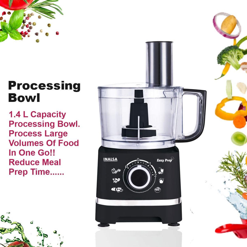 Inalsa Food Processor Easy Prep-800W with Processing Bowl & 7 Accessories,(Black)