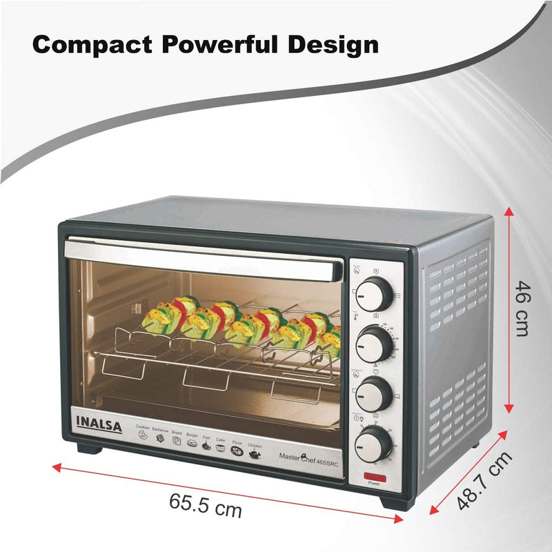 Inalsa Oven MasterChef 46SSRC OTG (46L) with Motorised Rotisserie and Convection, 2000W, 4 Stage Heat Selection, Stainless-Steel Finish| Suitable For Big Families, (Silver)