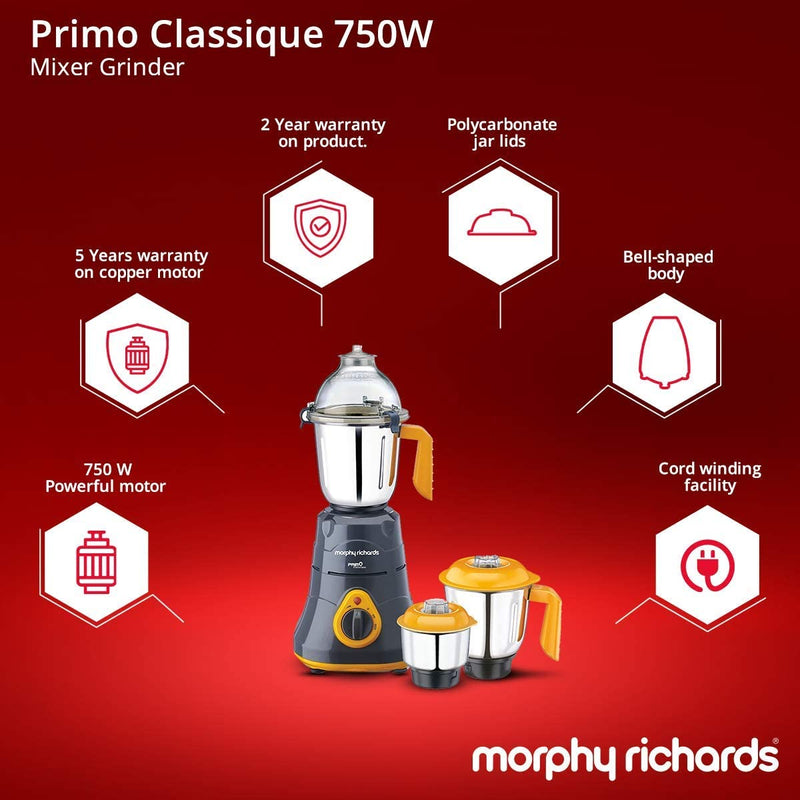 Morphy Richards Primo Classique 750-Watt Mixer Grinder (Grey/Orange)