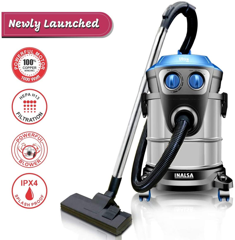 Inalsa Industrial Wet and Dry Ultra WD21-1600W Vacuum Cleaner with 3 in 1 Multifunction Wet/Dry/Blowing|Hepa Filteration & 21KPA Powerful Suction,(Black/Blue)