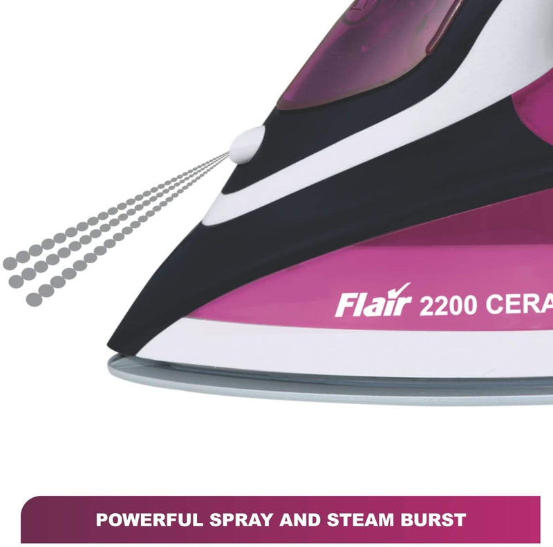 Inalsa Flair 2200 W Steam Iron, Vertical Steaming, Anti-Calcium System, Ceramic Non-Stick Soleplate, Self-Cleaning, Anti-Drip, Rapid Heating, Purple/White
