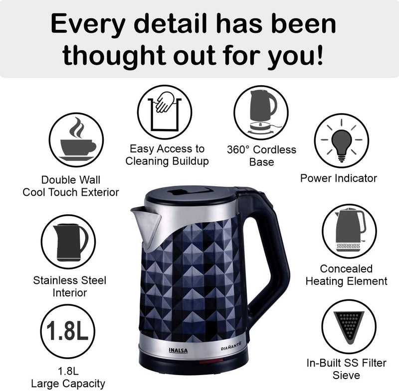 Inalsa Electric Kettle Double Wall 1.8L - Diamante, 1300W with Boil Dry Protection & Auto-Shut Off| Inbuilt SS Filter Sieve, Concealed Heating Element| 360 Deg Cordless Base, (Black)