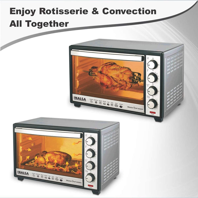 Inalsa Oven MasterChef 46SSRC OTG (46L) with Motorised Rotisserie and Convection, 2000W, 4 Stage Heat Selection, Stainless-Steel Finish| Suitable For Big Families, (Silver)