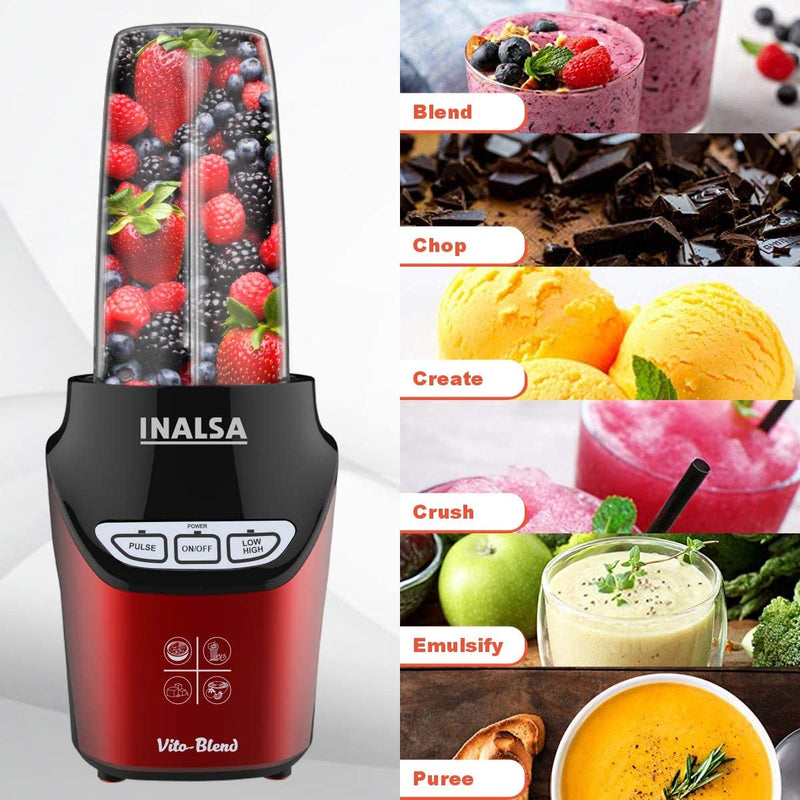 Inalsa Mixer Grinder Nutri Blender Vito Blend-1000W with 100% Pure Copper Motor & Variable Speed| 6 Leaf High-Quality Stainless-Steel Blade| Includes 2 Tritan Jars (1L & 0.45L) | MIX, BLEND & GRIND, (Red/Black)
