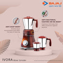Bajaj Ivora Crimson Red 800 Watts, 3 Jar Mixer Grinder with Anti-Germ & Anti-dust Coating-Red