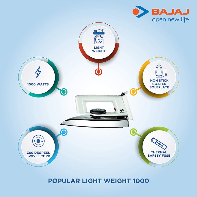 Bajaj Popular 1000-Watt Light Weight Dry Iron (White)