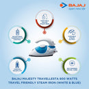 Bajaj Majesty Travellesta 800 Watts Travel Friendly Steam Iron (White & Blue)