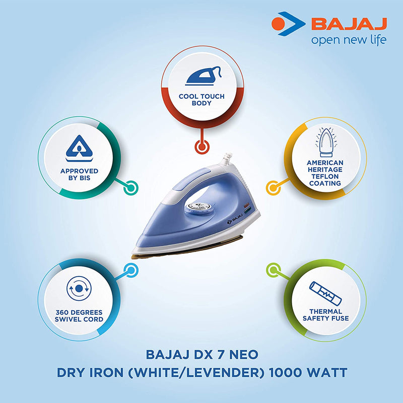 Bajaj DX 7 NEO Dry Iron (White/Levender) 1000 Watt