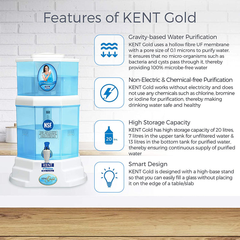 KENT Gold 20-Litres UF technology based Gravity Water Purifier, White