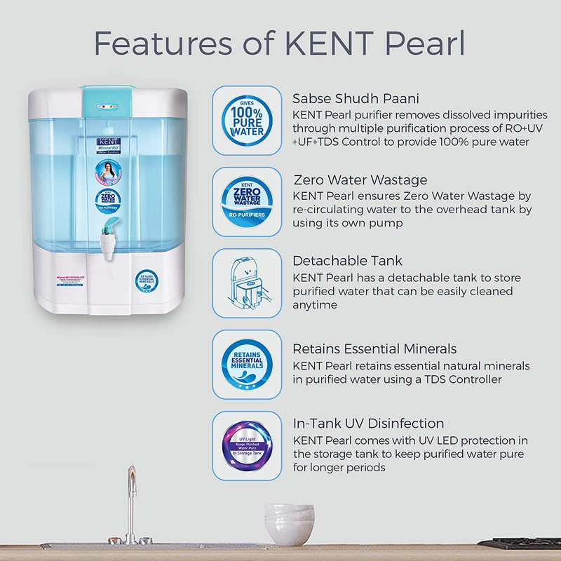KENT Pearl 8-Litres Mineral RO + UV/UF + TDS Water Purifier,Blue and White