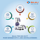 Bajaj Trio 600-Watt Mixer Grinder with 3 Jars (White/Lavender)