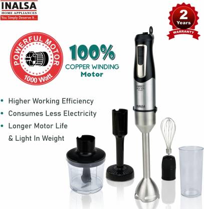 Inalsa Robot Inox 1000 Plus with Chopper, Whisker, Multipurpose jar, Potato Masher |Variable speed 1000 W Hand Blender  (Silver/Black)